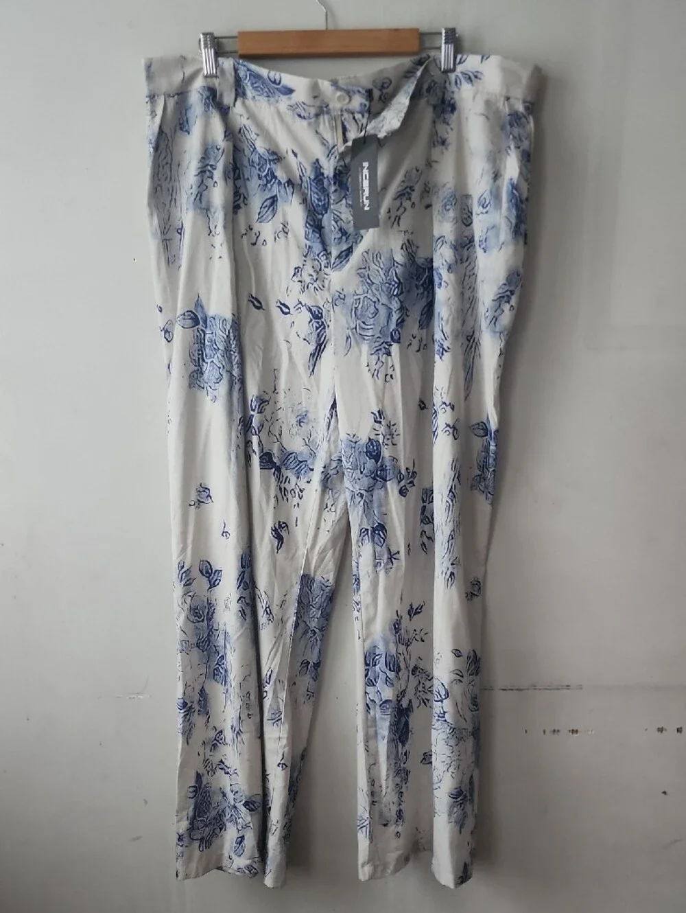 Men's White Floral Dress Pants with Blue Print